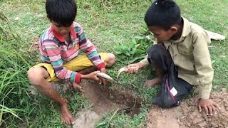 Amazing Two Boys Fishing with Deep hole - Cambodia Traditonal Fishing