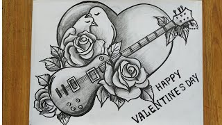 valentine's day drawing with pencil sketch,how to draw pigeon & rose flowers   & guiter with hard,