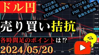 【ドル円】売り買い拮抗！各時間足の上下のポイントは⁉🐥2024/05/20🐥