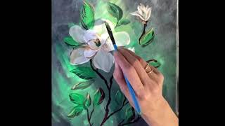 How to paint magnolia flower in acrylic paints. Tutorial painting demo for beginners and art therapy
