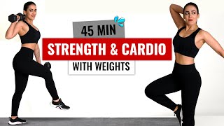 DAY 23 FIT PREP: 45 MIN FULL BODY Strength + Cardio Workout +Weights - weight loss exercises at home