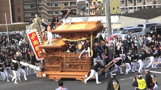 令和4年10月8日 八木地区だんじり祭り 夜疑神社へ向かう各町だんじり ガスト前やりまわし　中井町、吉井町、荒木町、下池田町、箕土路町、西大路町、小松里町、額町、額原町、大町、池尻町