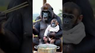 Orangutan holds baby orangutan and eats hot pot together