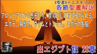 出エジプト記28章　聖書解説　 「アロンとアロンの息子たち、祭司として取り分けられる。エポデ。胸当て。ウリムとトンミム。エポデの長服。」