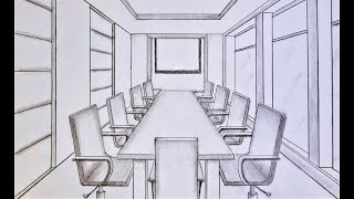 How to draw a room in one point perspective, a conference room