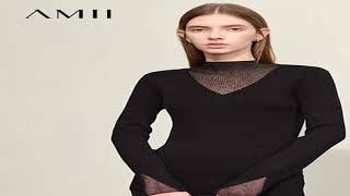 AMII Minimalism Sweaters 2023 Spring Women Turtleneck Splicy V-Neck Slim Long Sl