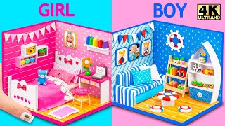 Make 2 Color House with Pink Bedroom, Blue Room for Barbie Girl, Boy | DIY Miniature Cardboard House