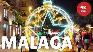 Winter MALAGA at Night is BEAUTIFUL | Walk in the City Center 🎄✨ New Year in Spain [4K 60FPS]