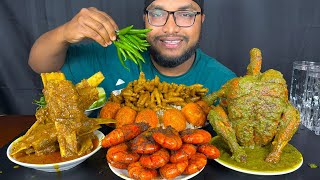 SPICY WHOLE CHICKEN CURRY, EGG CURRY, CHICKEN FEET CURRY AND PRAWNS FRY WITH RICE, EATING SHOW