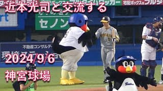 つば九郎、始球式で阪神 近本光司と交流する 20240906