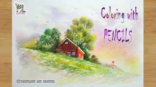 How to coloring red wooden house in beautiful nature landscape || Seasonal Scenery art by PAINTLANE