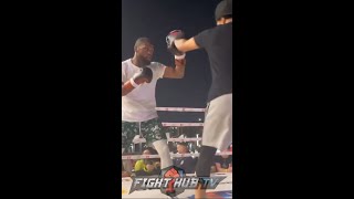 FLOYD MAYWEATHER THROWING KO HOOKS FOR DEJI ON PADS DURING HIS OPEN WORKOUT