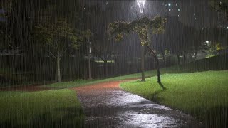 Heavy Rain Sound falling in the park at night - white noise for deep sleep, improvement of insomnia