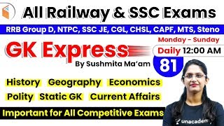 12:00 AM - All Railway & SSC Exams | GK by Sushmita Ma'am | Important GK Questions (Day-81)