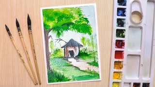 Easy Landscape Drawing Painting For Beginners Step By Step | How To Draw Tree House Scenery #drawing