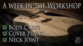 Carving Guitar Bodies, Making Cover Plates, Drilling Holes and Glueing in the Necks.