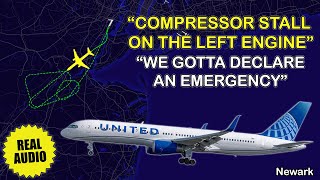 Engine compressor stall after takeoff. United B757 needs to return to Newark. Real ATC