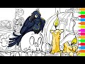 Coloring Raven, Skull, Pumpkins, The Witch and Candies | Halloween Coloring Book Pages