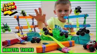 Monster Jam Mini Catapult Challenge and Alien Slime Fun Monster Truck Video for Kids