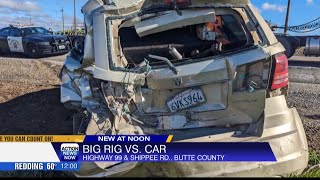 Crash between a semi-truck and a car on Highway 99