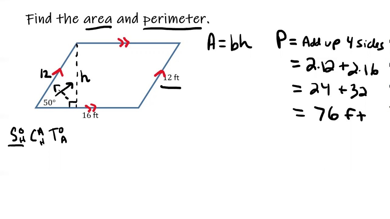 Finding The Area And Perimeter Of A Parallelogram Given An Angle And ...