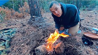 NEW Location | Camping in The Forest | How to make a TARP Shelter | Breakfast Cook-up | Cold Night