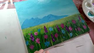wildflowers and butterflies/peaceful wildflowers landscape acrylid painting for beginners
