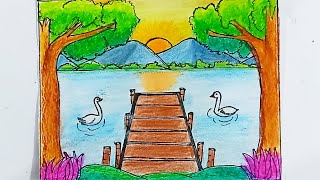 Beautiful scenery drawing😍 || pond drawing ideas #drawing