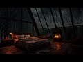 no ads just heavy rain forest on windows of cozy attic bedroom at night w fireplace