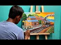 Painting of an autunm railway station | nature scenery drawing and painting