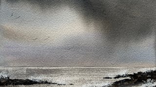 How To Paint a Simple Beginners Stormy Sea & Sky Watercolor Landscape, Atmospheric Loose Watercolour