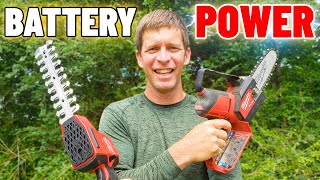 Battery Powered Handheld Lawn Care Equipment in Action   Pole Saw, Hedge Trimmers \u0026 Blower