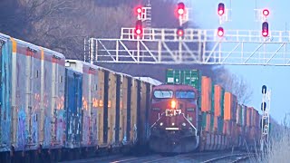 Massive CSX Train Meets Massive CP Train w DPU,  Very fast CSX Stack Train, Long CSX Van Train