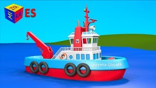 Dibujos de transportes para niños en español. Juego de construcción: el remolcador. Learn Spanish