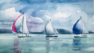 Sailboats on Balaton - Watercolor Painting - By Vamos