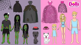 PAPER DOLLS ZOMBIE TRANSFORMATION GOOD & BAD HOUSE FAMILY DRESS UP