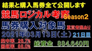 【競馬ロジカル考察 Season2】ｰ馬券購入対象馬ｰ 2021年3月13日（土）結果と購入馬券 全て見せます（血統、指数、考察、予想）重賞3連複の考察（中山牝馬Ｓ）もあります