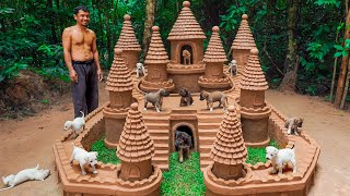 Dog rescue from raining storm and build Castle Dog House - Build House for Puppies
