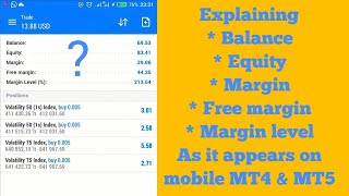Explaining Balance, Equity, Margin, Free margin and margin level on MT4/MT5 mobile platform.