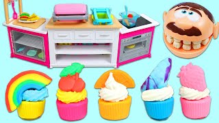 Pretend Baking Play Doh Rainbow Cupcake Desserts for Mr. Play Doh Head with Kitchen Stove Toy!