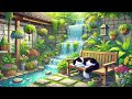 Serene Piano Melodies by the Waterfall: Relax in a Blossoming Garden with a Sleeping Cat