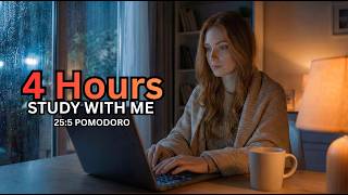 Ultimate 4H Focus Session 💻 Rainy Night Pomodoro 25/5 (No Music)