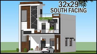 32x29 South Facing 4 Bedroom House Plan With Vastu, Modern House Elevation Design,Gopal Architecture