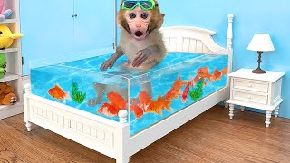 Monkey Baby Bon Bon Goes Fishing and Swims with Ducklings in the Pool