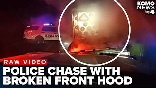 RAW VIDEO: Driver flees from law enforcement with broken hood blocking truck windshield