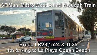 SF Muni Metro 2-Car Breda LRV3 1524 & 1525 Westbound N-Judah Train Full Ride to La Playa Ocean Beach