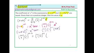 Binomial Coefficients for x square in Expressions (1+15x^2 )^n are equal find n IB HL Math Test