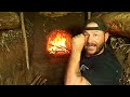 solo overnight building an underground earth bunker in the woods and cheesy ribeye skillet