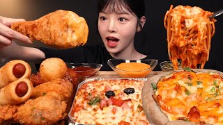 Shrimp Pizza with Crispy Fried Chicken, Cheesy Baked Spaghetti Mukbang ASMR