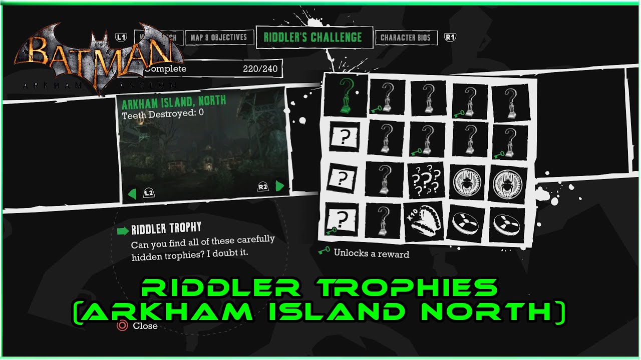 All Riddler Trophies Challenges (Arkham Island North) Batman Arkham ...